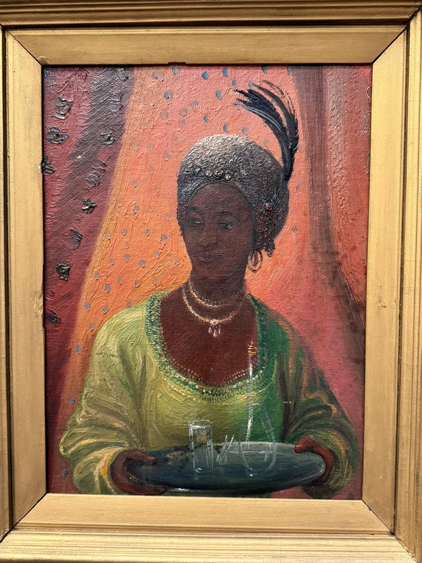 1920'S SUPERB OIL PAINTING ON CANVAS PORTRAIT AFRICAN WOMAN HIGH SOCIETY FRAMED