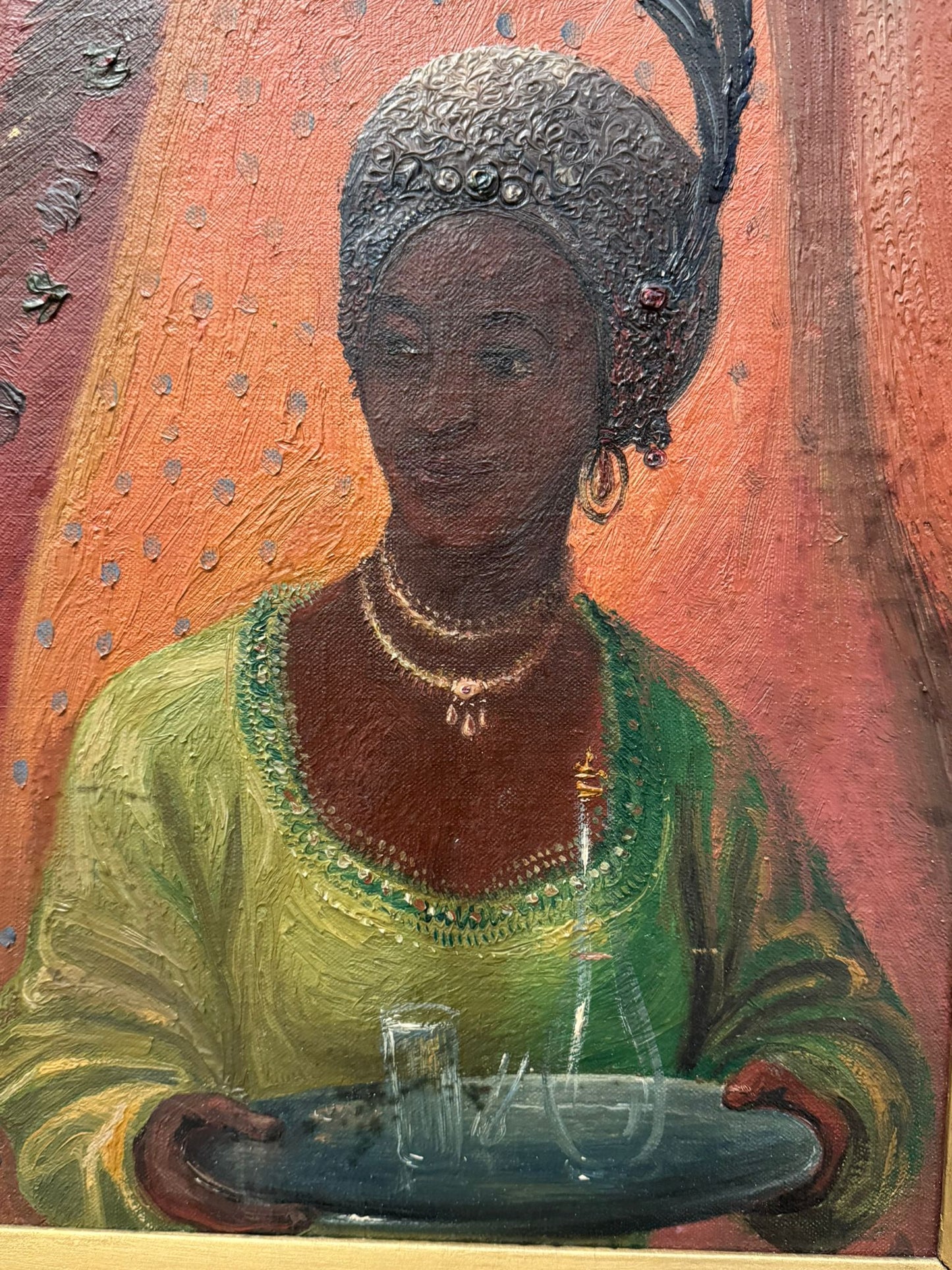 1920'S SUPERB OIL PAINTING ON CANVAS PORTRAIT AFRICAN WOMAN HIGH SOCIETY FRAMED