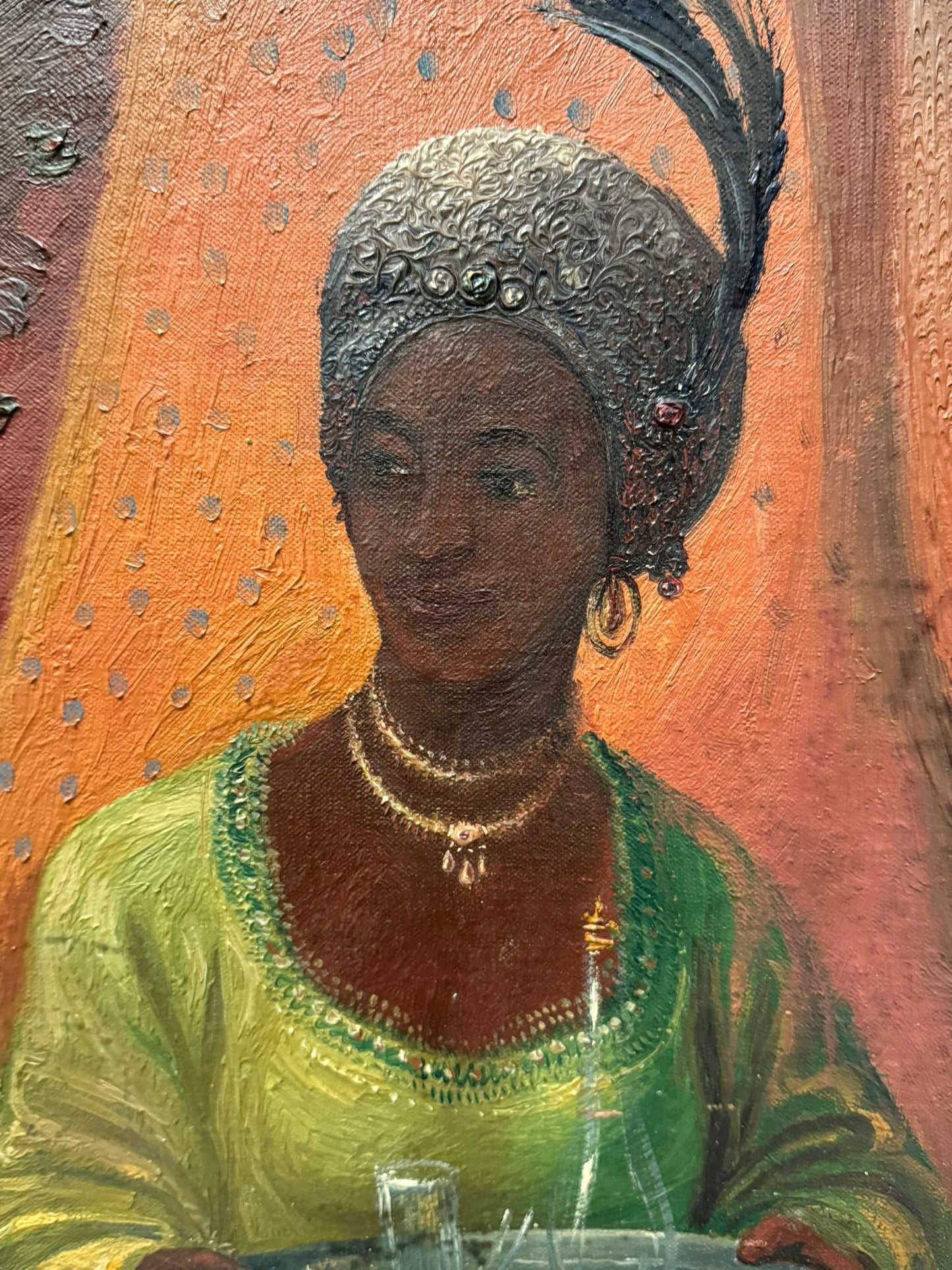 1920'S SUPERB OIL PAINTING ON CANVAS PORTRAIT AFRICAN WOMAN HIGH SOCIETY FRAMED