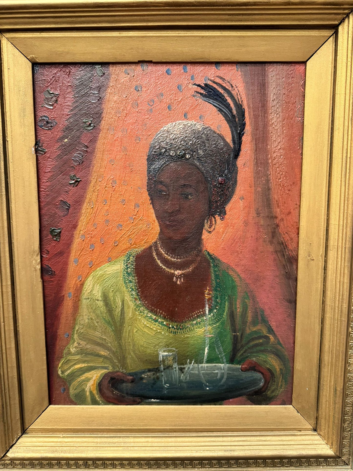 1920'S SUPERB OIL PAINTING ON CANVAS PORTRAIT AFRICAN WOMAN HIGH SOCIETY FRAMED