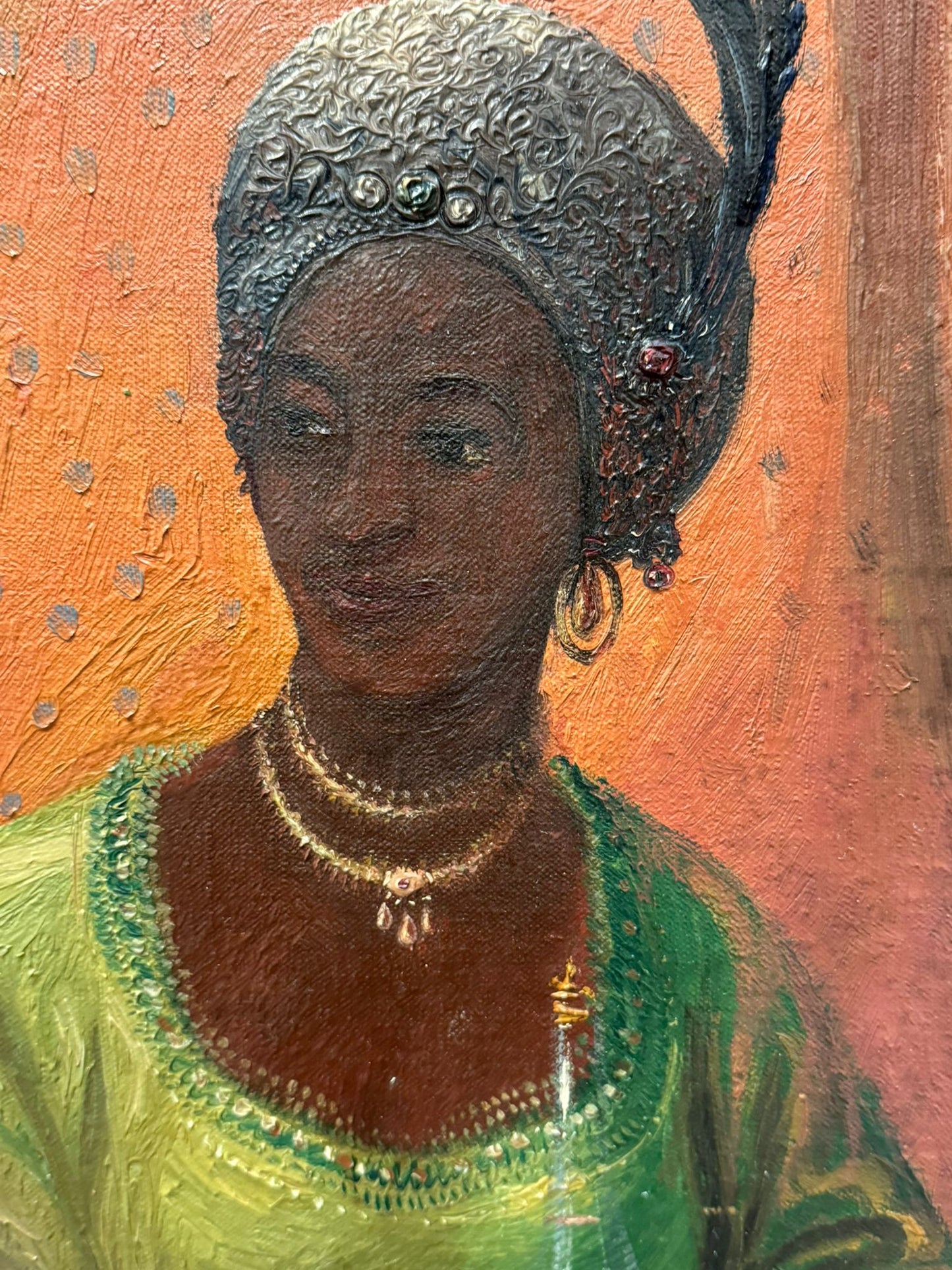 1920'S SUPERB OIL PAINTING ON CANVAS PORTRAIT AFRICAN WOMAN HIGH SOCIETY FRAMED