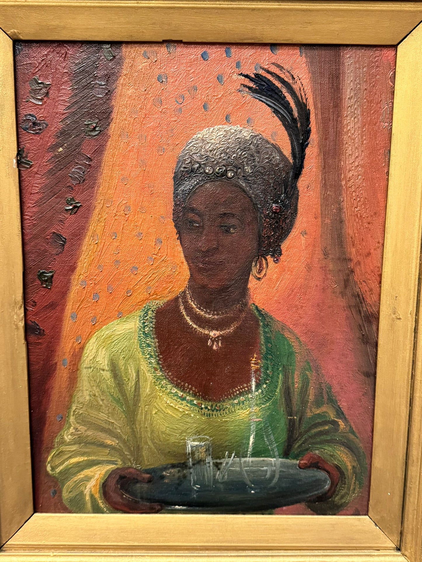 1920'S SUPERB OIL PAINTING ON CANVAS PORTRAIT AFRICAN WOMAN HIGH SOCIETY FRAMED