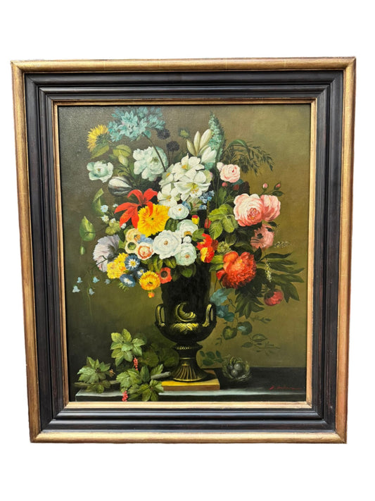 20THC SUPERB SIGNED LARGE OIL PAINTING STILL LIFE OF FLOWERS DECORATIVE FRAMED