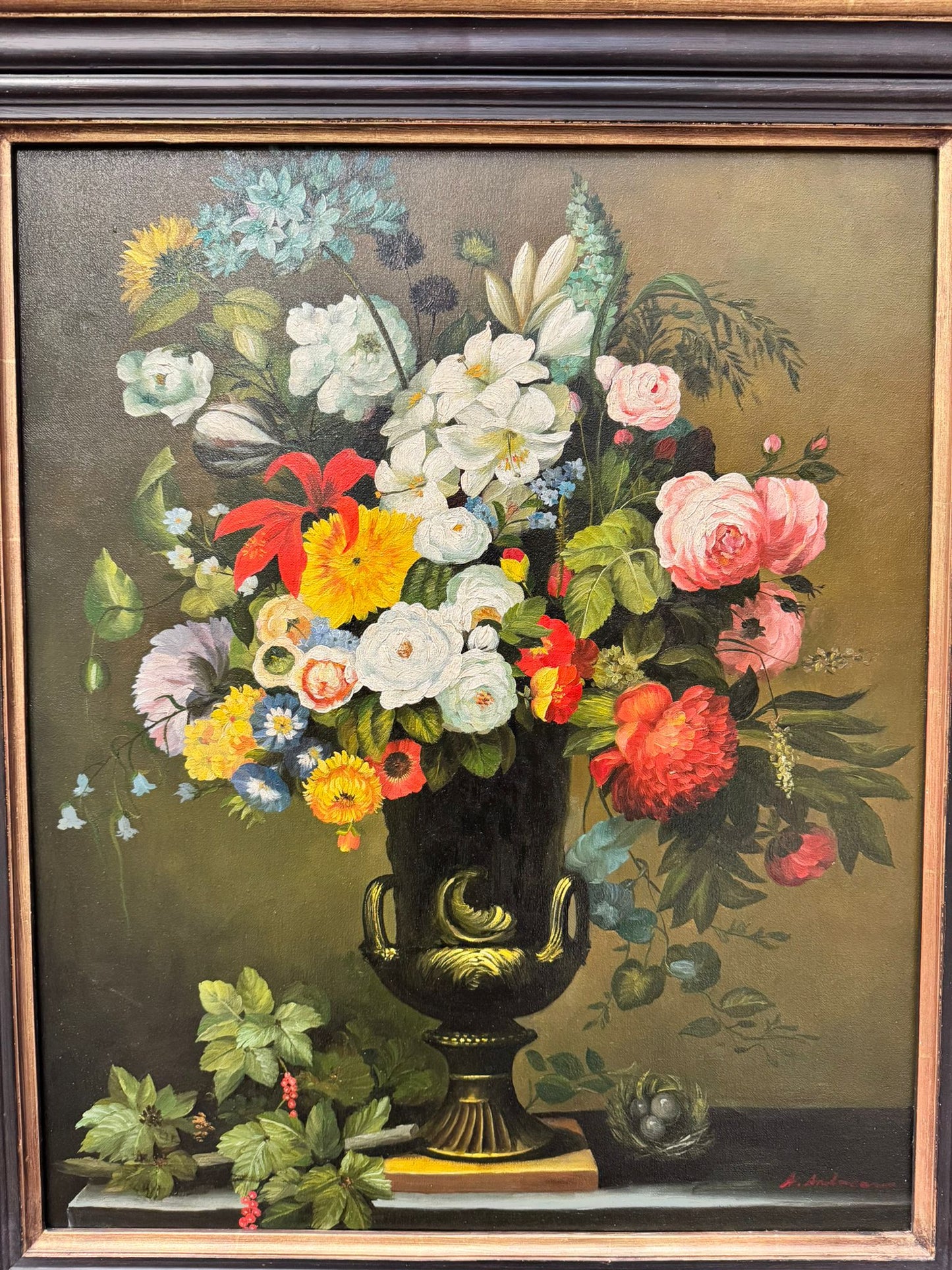 20THC SUPERB SIGNED LARGE OIL PAINTING STILL LIFE OF FLOWERS DECORATIVE FRAMED