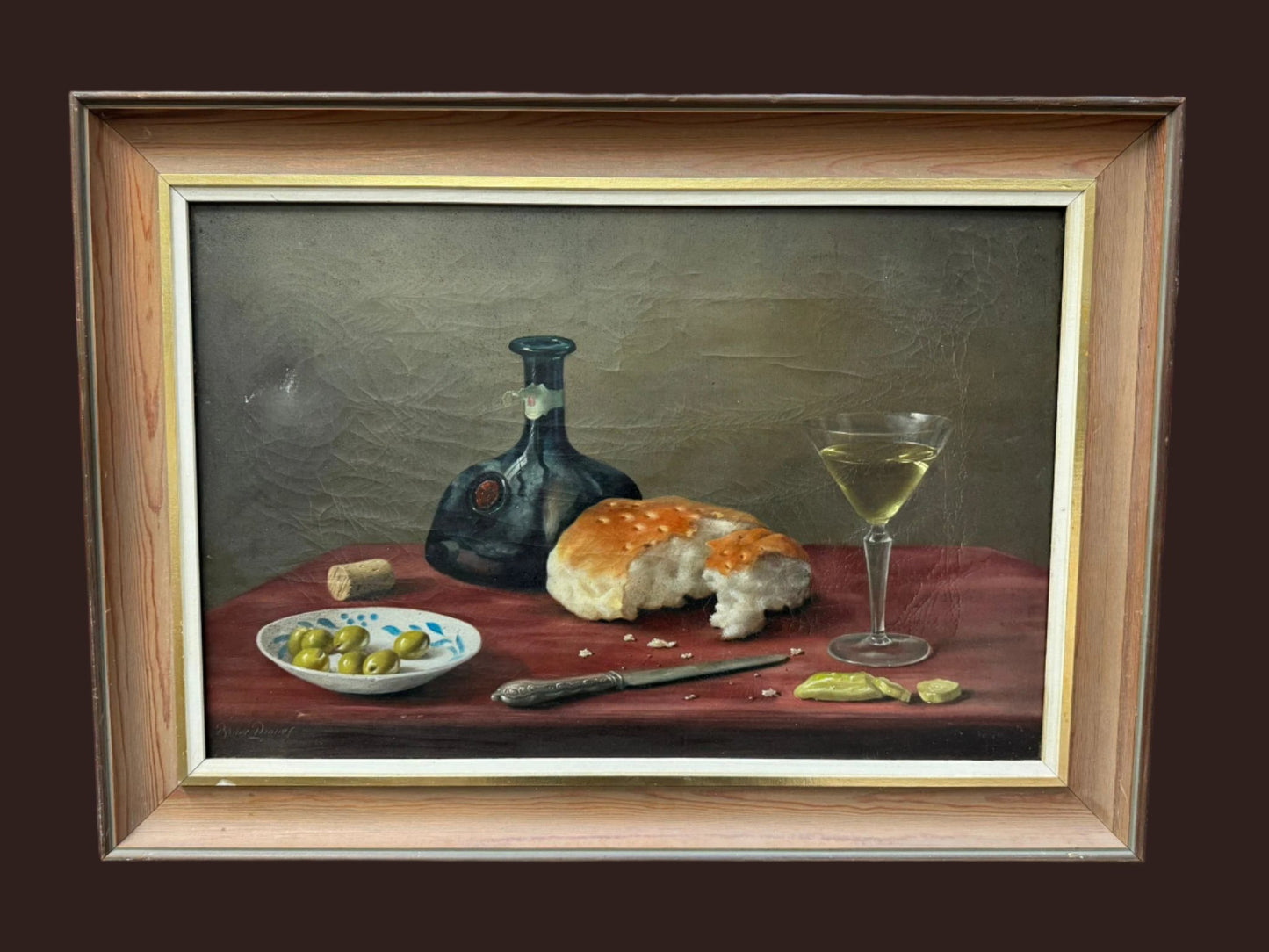 BRIAN DAVIES 1942-2014 LARGE OIL PAINTING STILL LIFE WINE AND BREAD