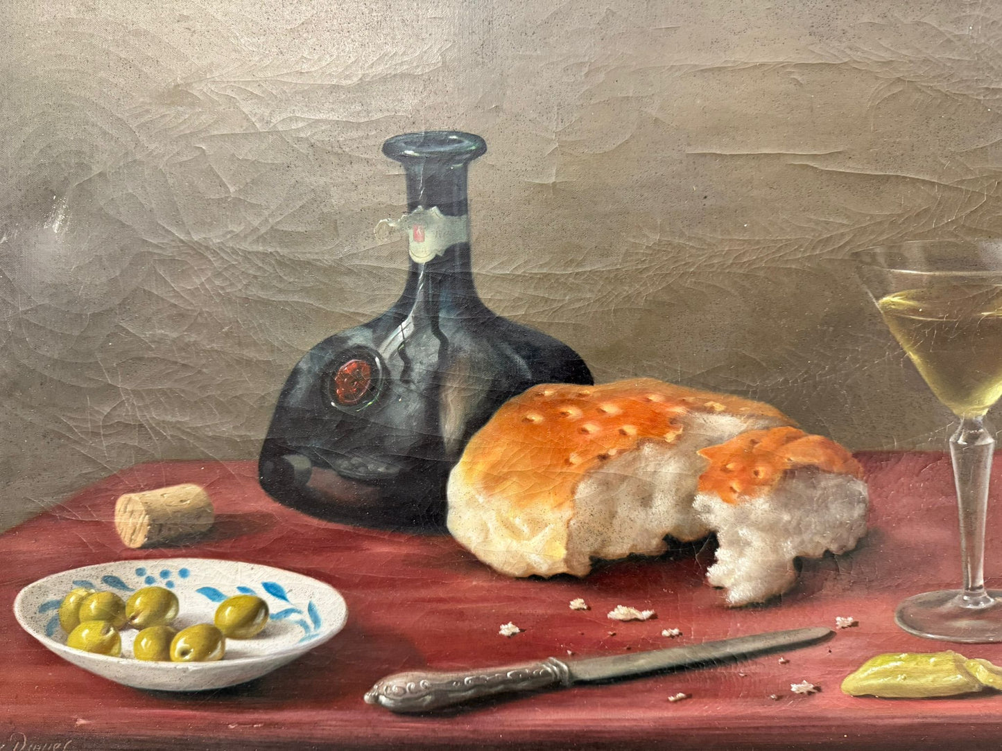 BRIAN DAVIES 1942-2014 LARGE OIL PAINTING STILL LIFE WINE AND BREAD