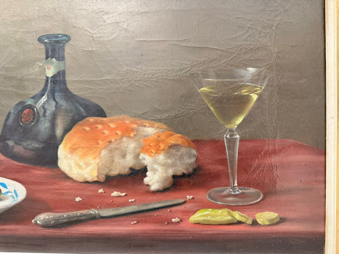 BRIAN DAVIES 1942-2014 LARGE OIL PAINTING STILL LIFE WINE AND BREAD