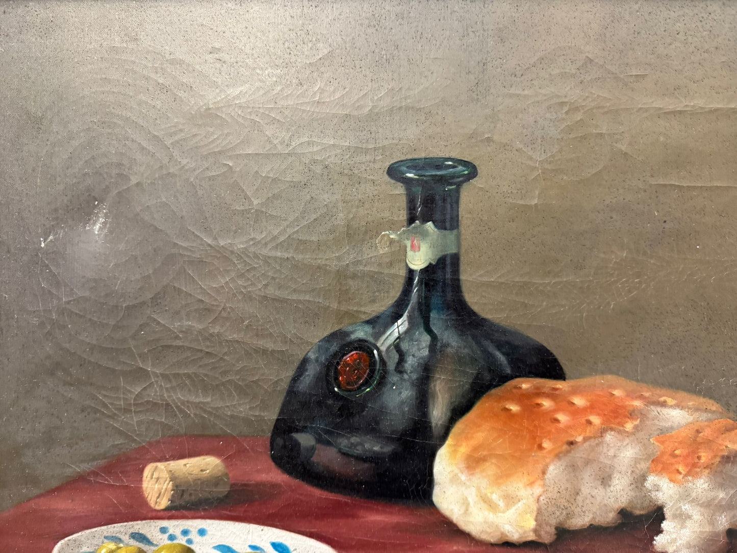 BRIAN DAVIES 1942-2014 LARGE OIL PAINTING STILL LIFE WINE AND BREAD