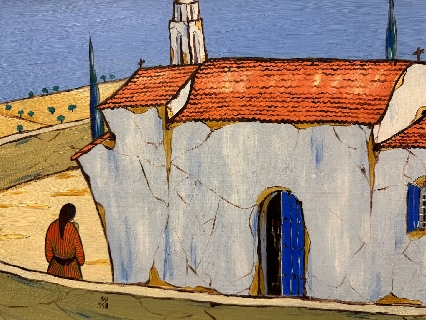 FOTOS HADJISOTERIOU 1919-2004 CYPRIOT LARGE OIL PAINTING SAINT THEODOROS SIGNED