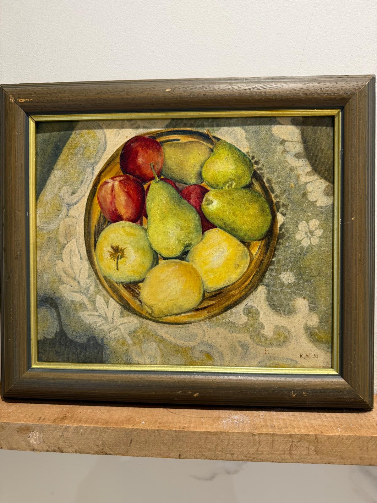 Apples and Pears Still Life Framed Oil on Board Late 20th Century