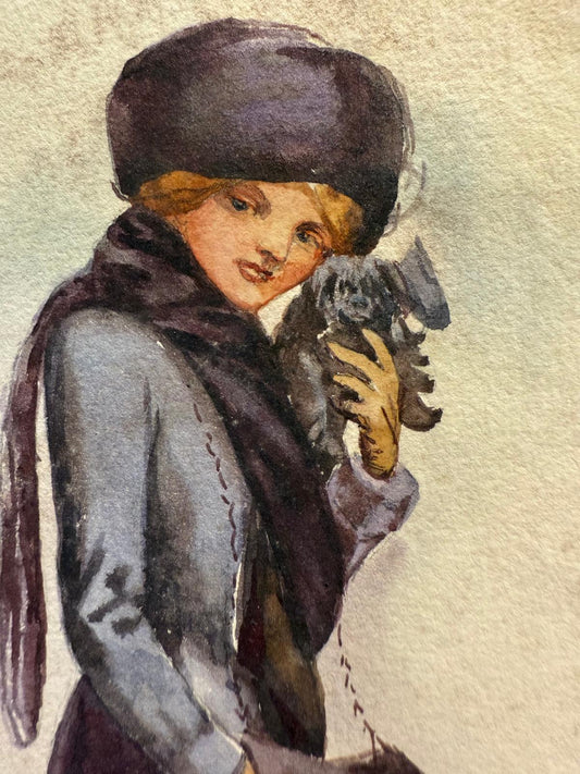 Early 20th (1912) Century Female Portrait Watercolour Woman With Dog