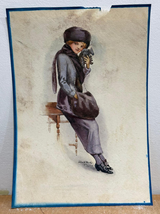 Early 20th (1912) Century Female Portrait Watercolour Woman With Dog