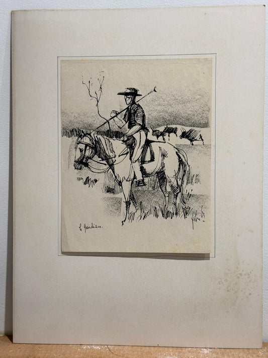 Le Guardian Mid Century Pen and Ink Drawing  Horse and Rider