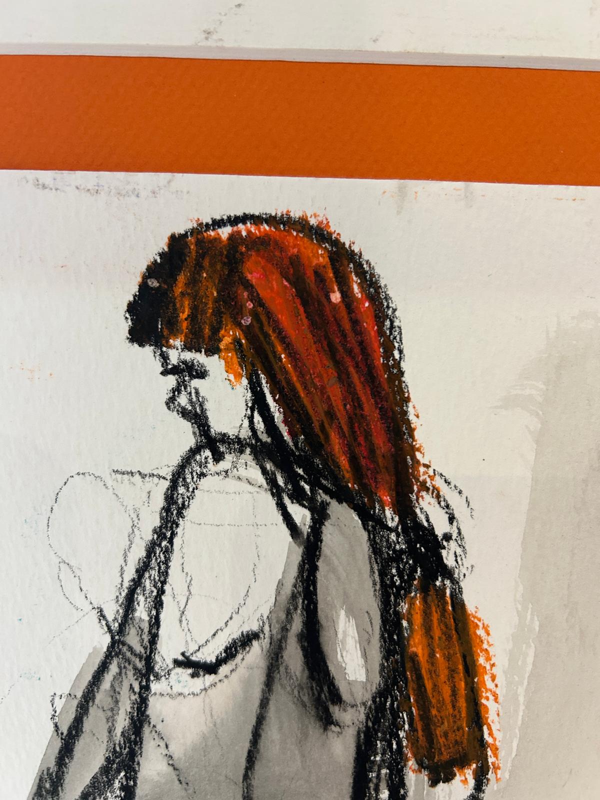 Red-Haired Woman Holding Bag Original  Drawing