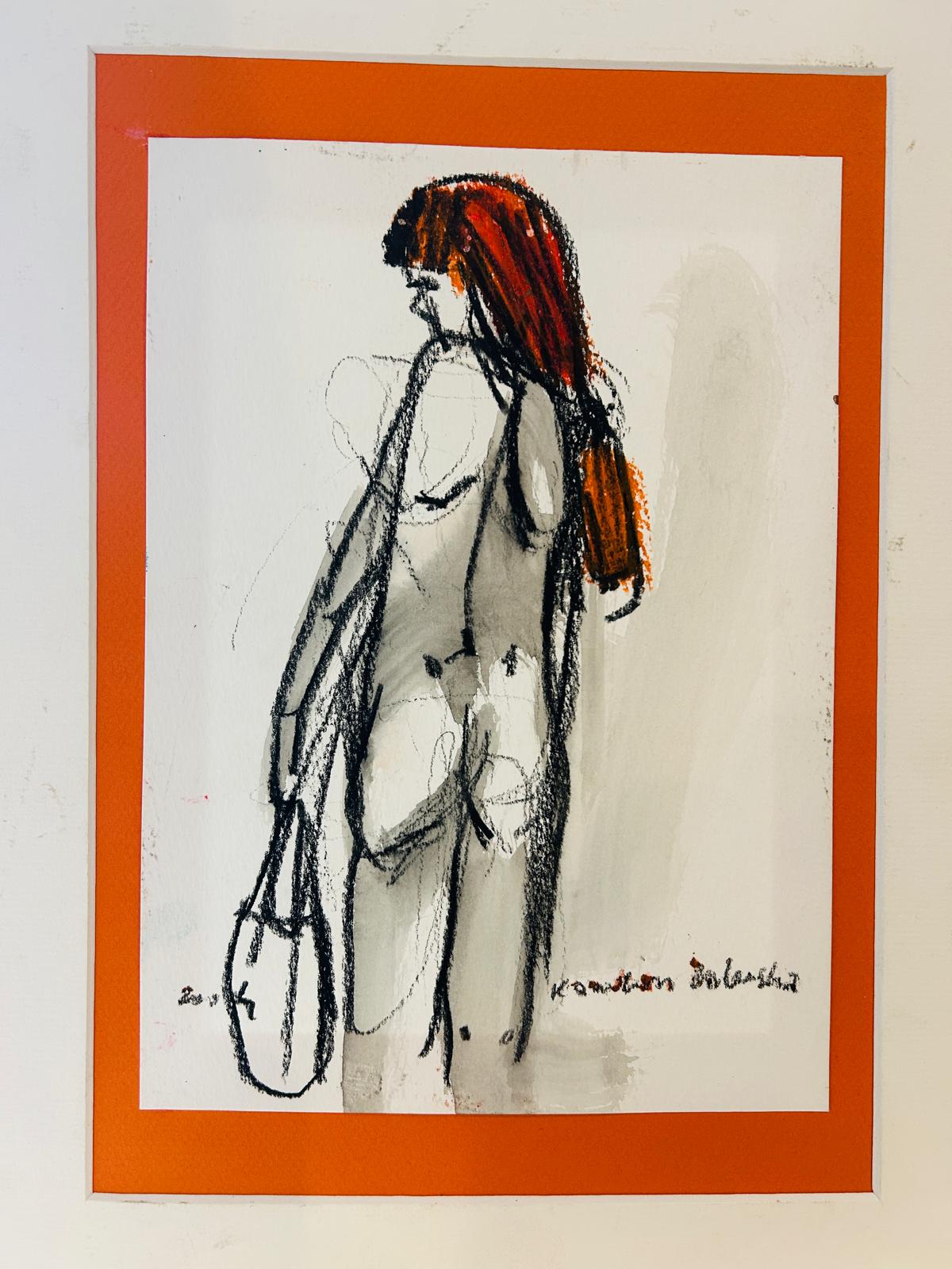 Red-Haired Woman Holding Bag Original  Drawing