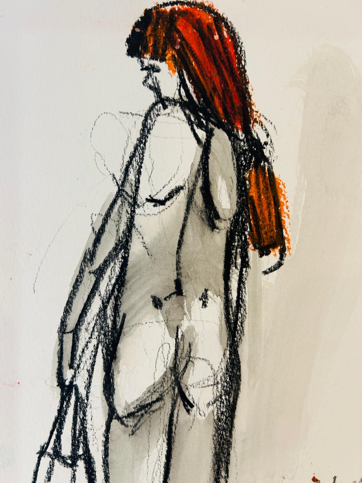 Red-Haired Woman Holding Bag Original  Drawing