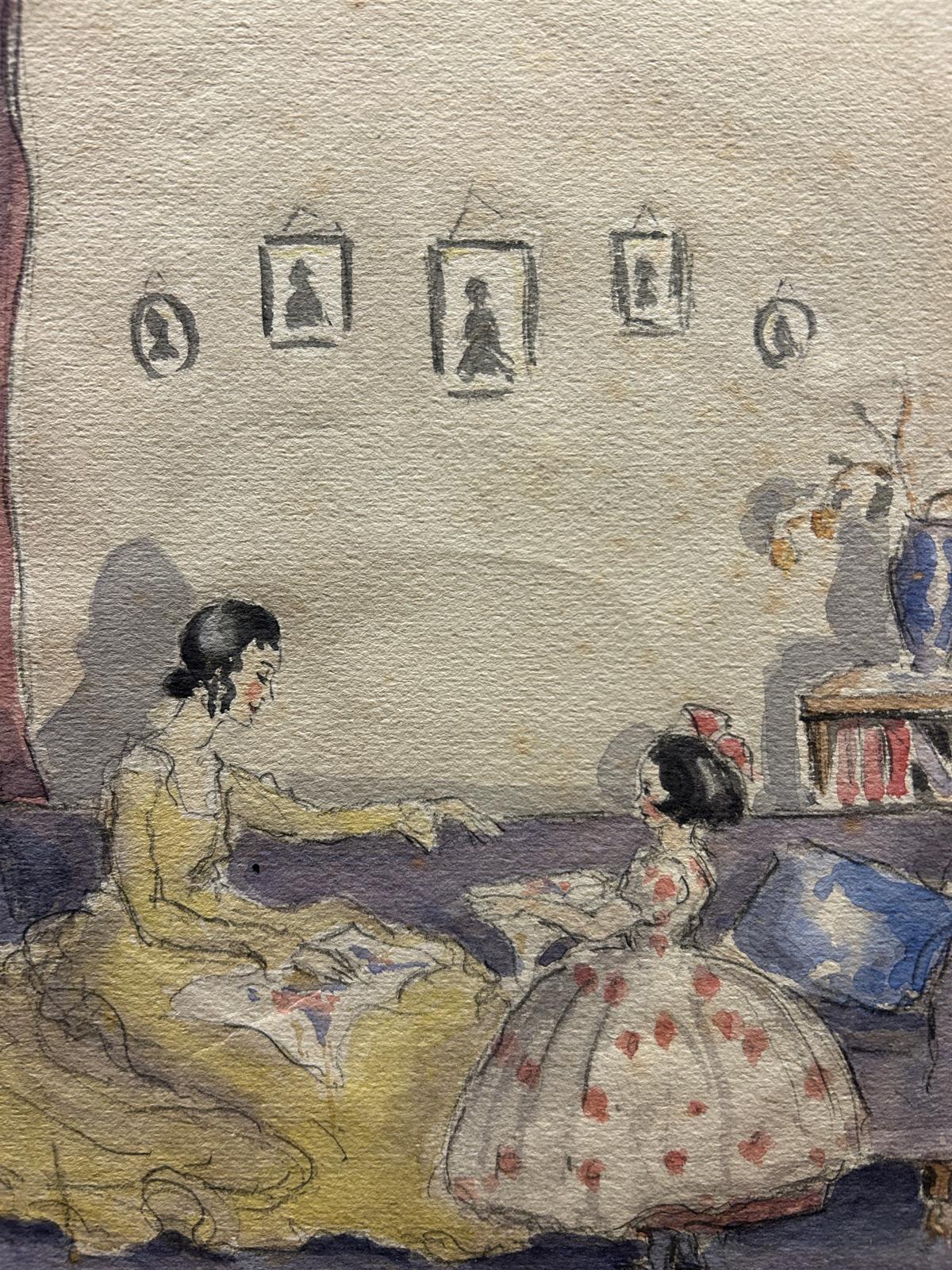 Victorian Watercolour Painting of Mother and Daughter