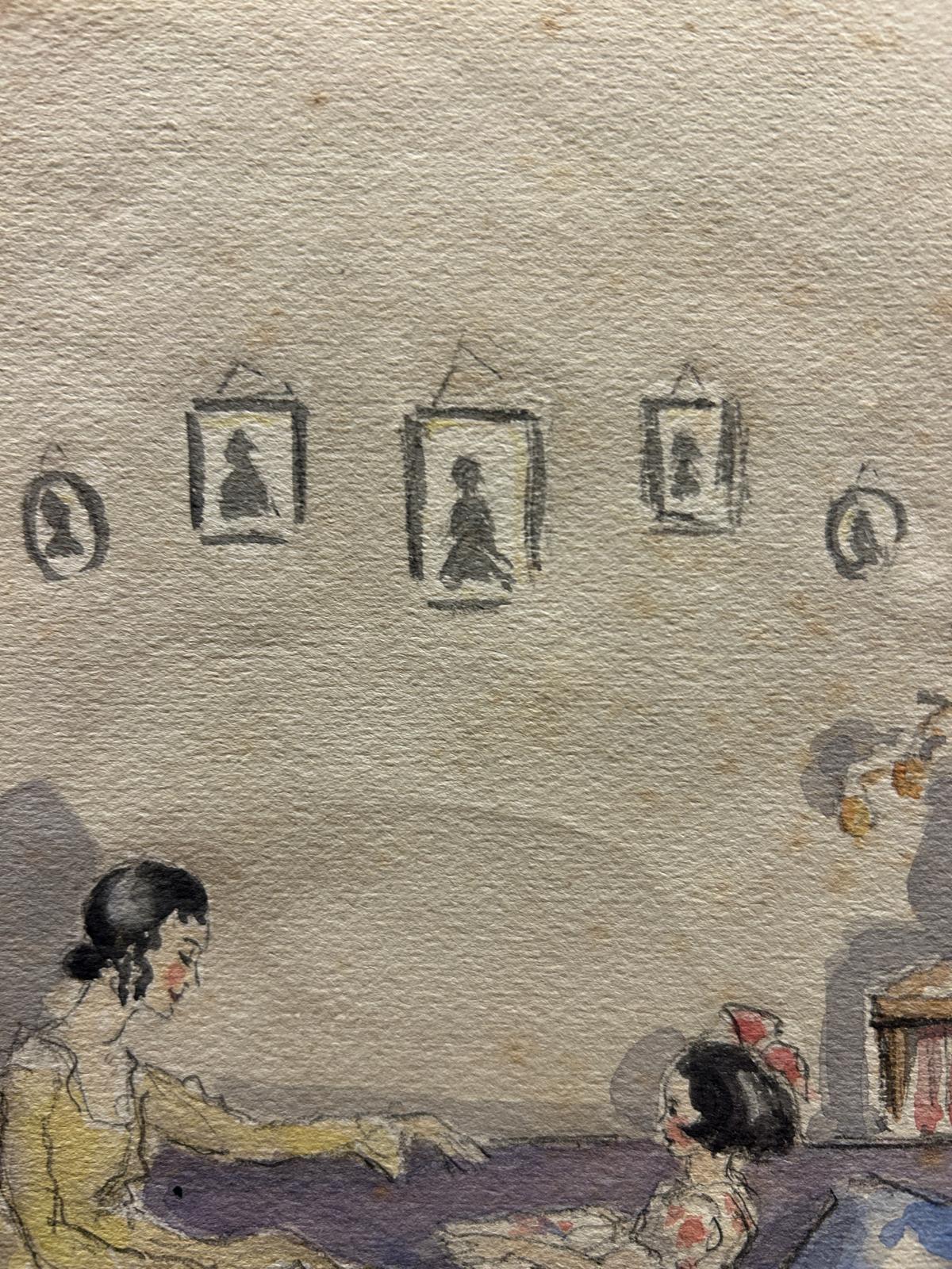 Victorian Watercolour Painting of Mother and Daughter
