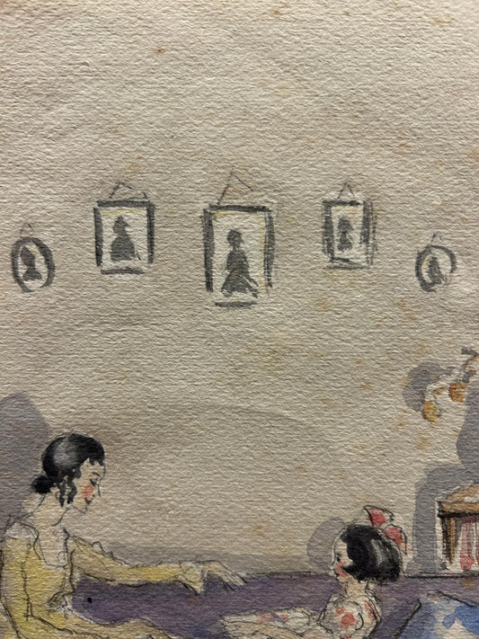 Victorian Watercolour Painting of Mother and Daughter