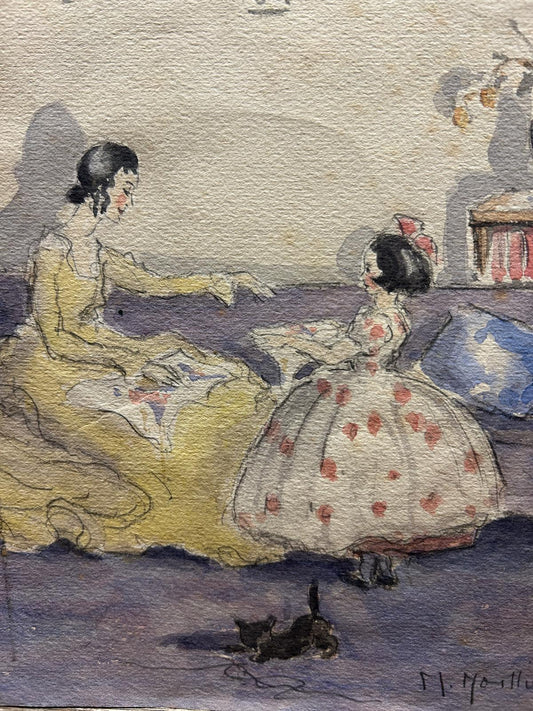 Victorian Watercolour Painting of Mother and Daughter