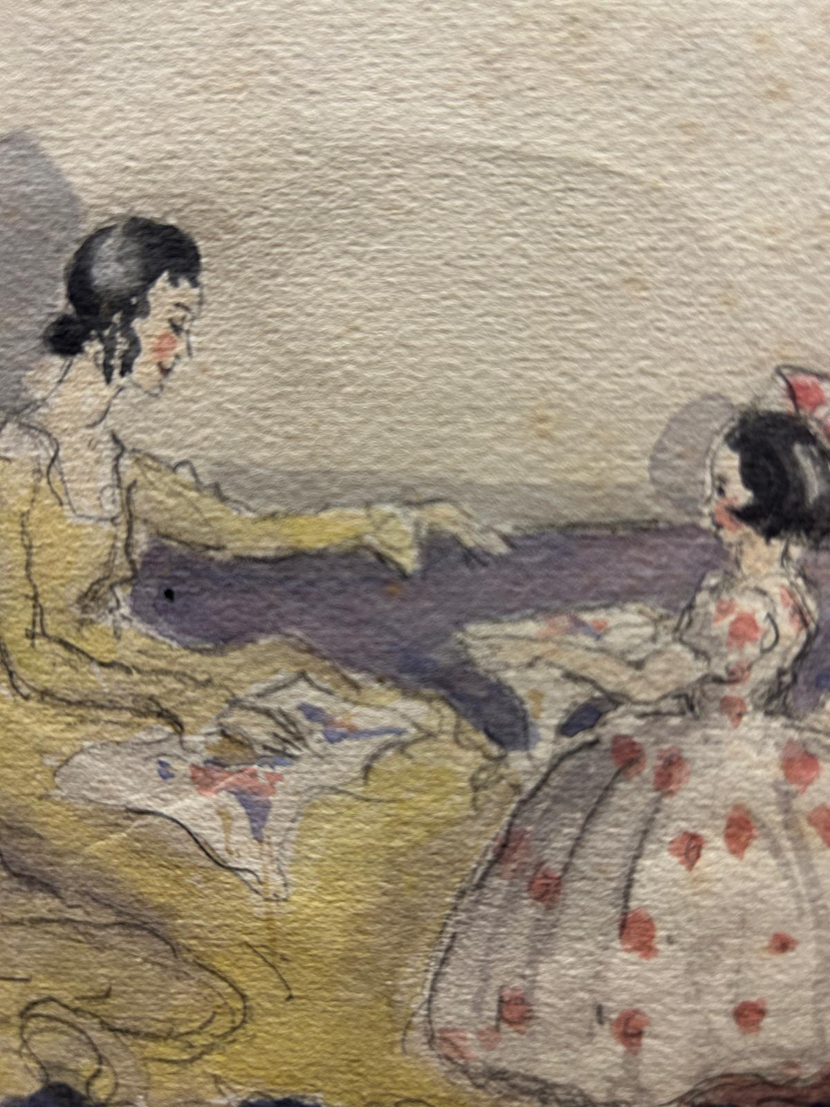Victorian Watercolour Painting of Mother and Daughter