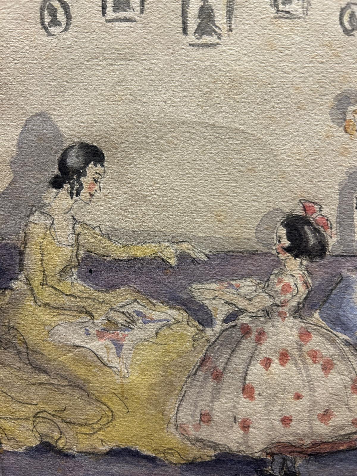 Victorian Watercolour Painting of Mother and Daughter