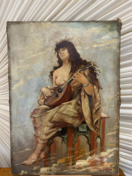 FEMALE MUSICIAN EARLY 19TH CENTURY NUDE LUTE PLAYER SIGNED OIL ON CANVAS