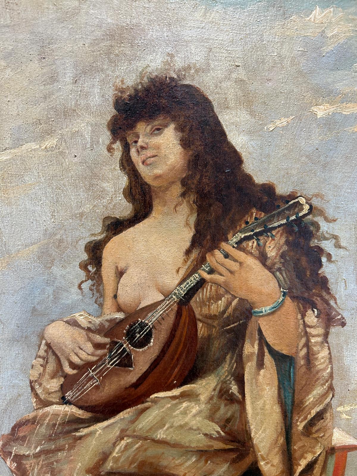 FEMALE MUSICIAN EARLY 19TH CENTURY NUDE LUTE PLAYER SIGNED OIL ON CANVAS
