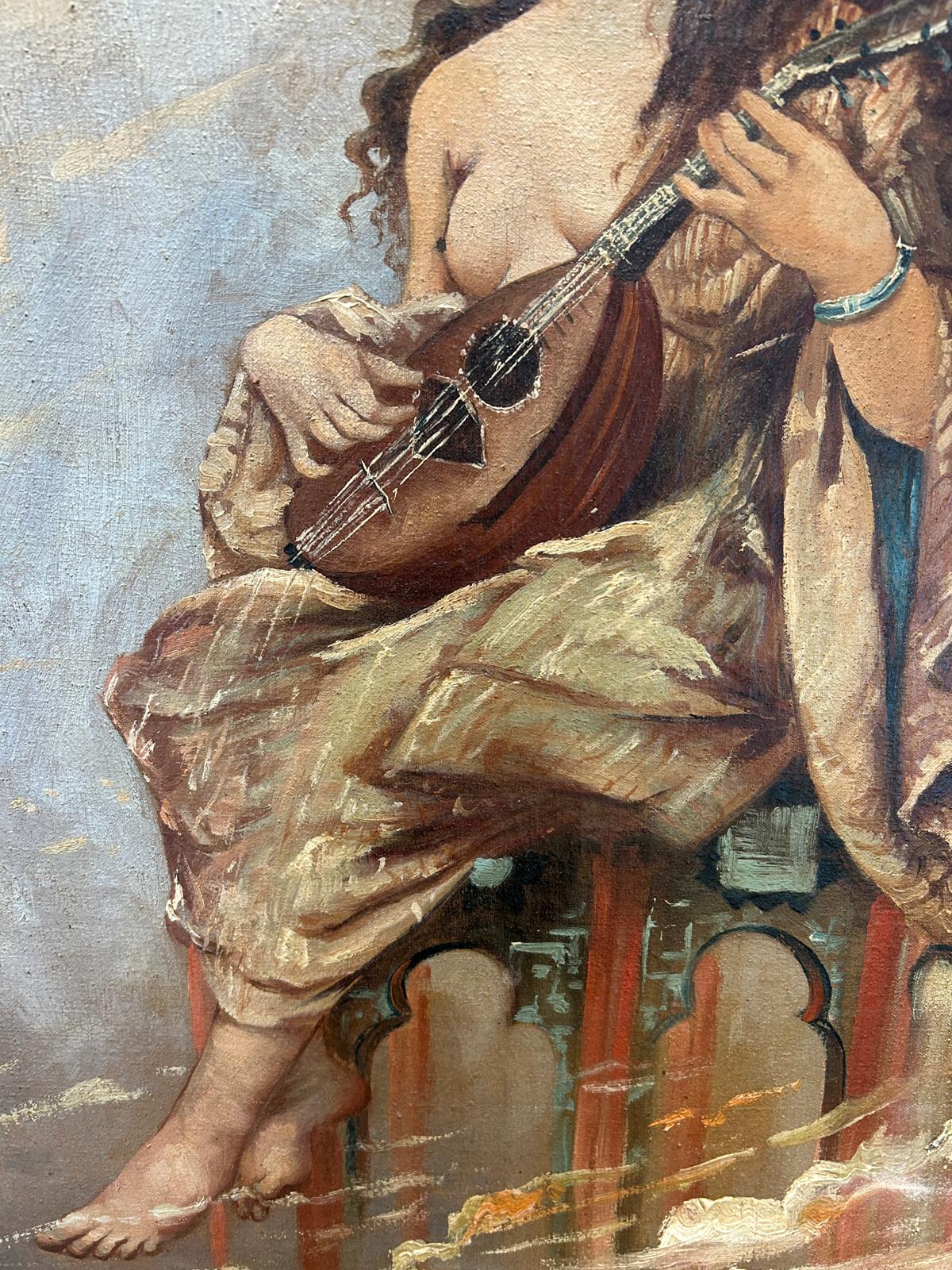 FEMALE MUSICIAN EARLY 19TH CENTURY NUDE LUTE PLAYER SIGNED OIL ON CANVAS
