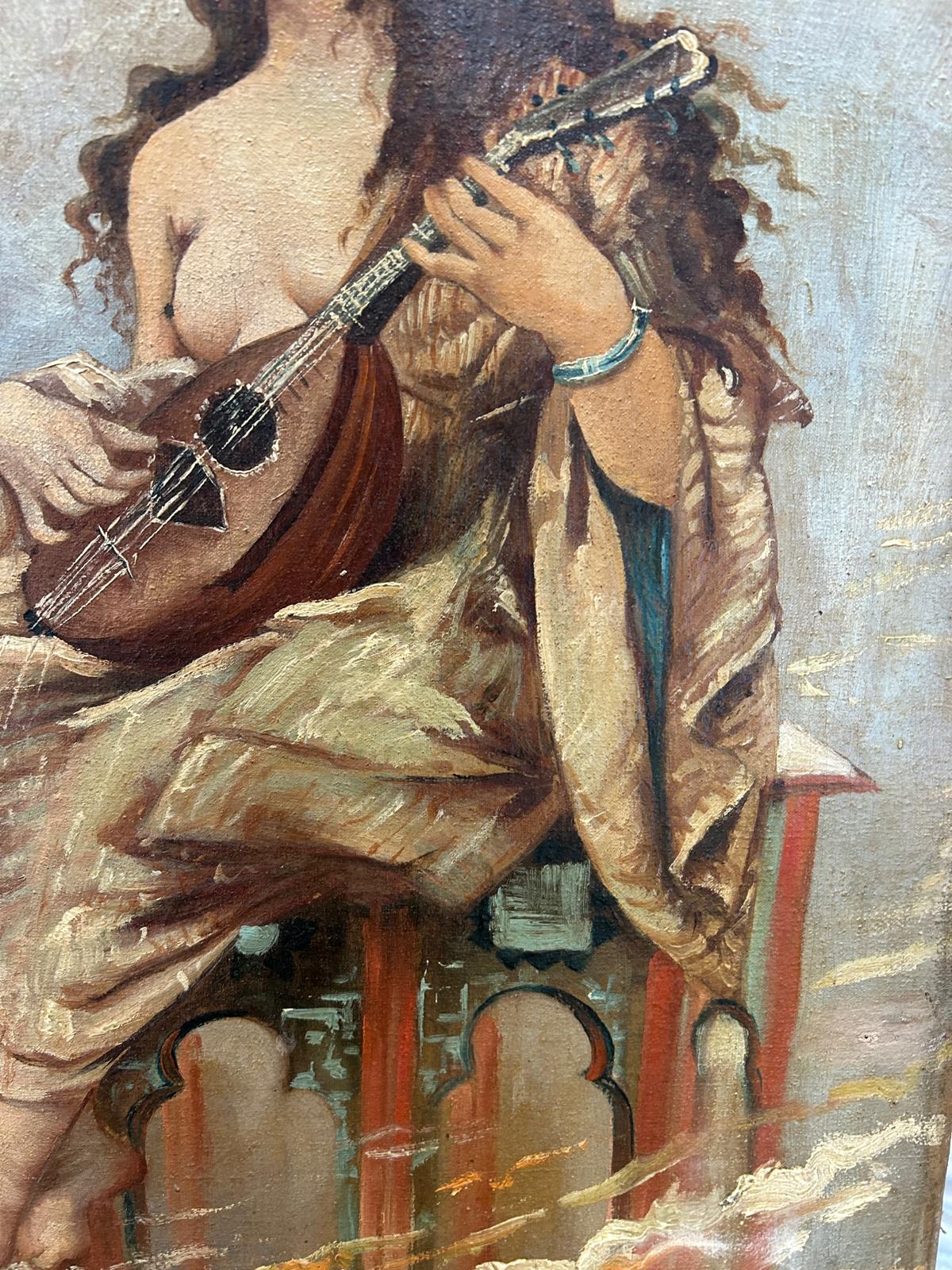 FEMALE MUSICIAN EARLY 19TH CENTURY NUDE LUTE PLAYER SIGNED OIL ON CANVAS