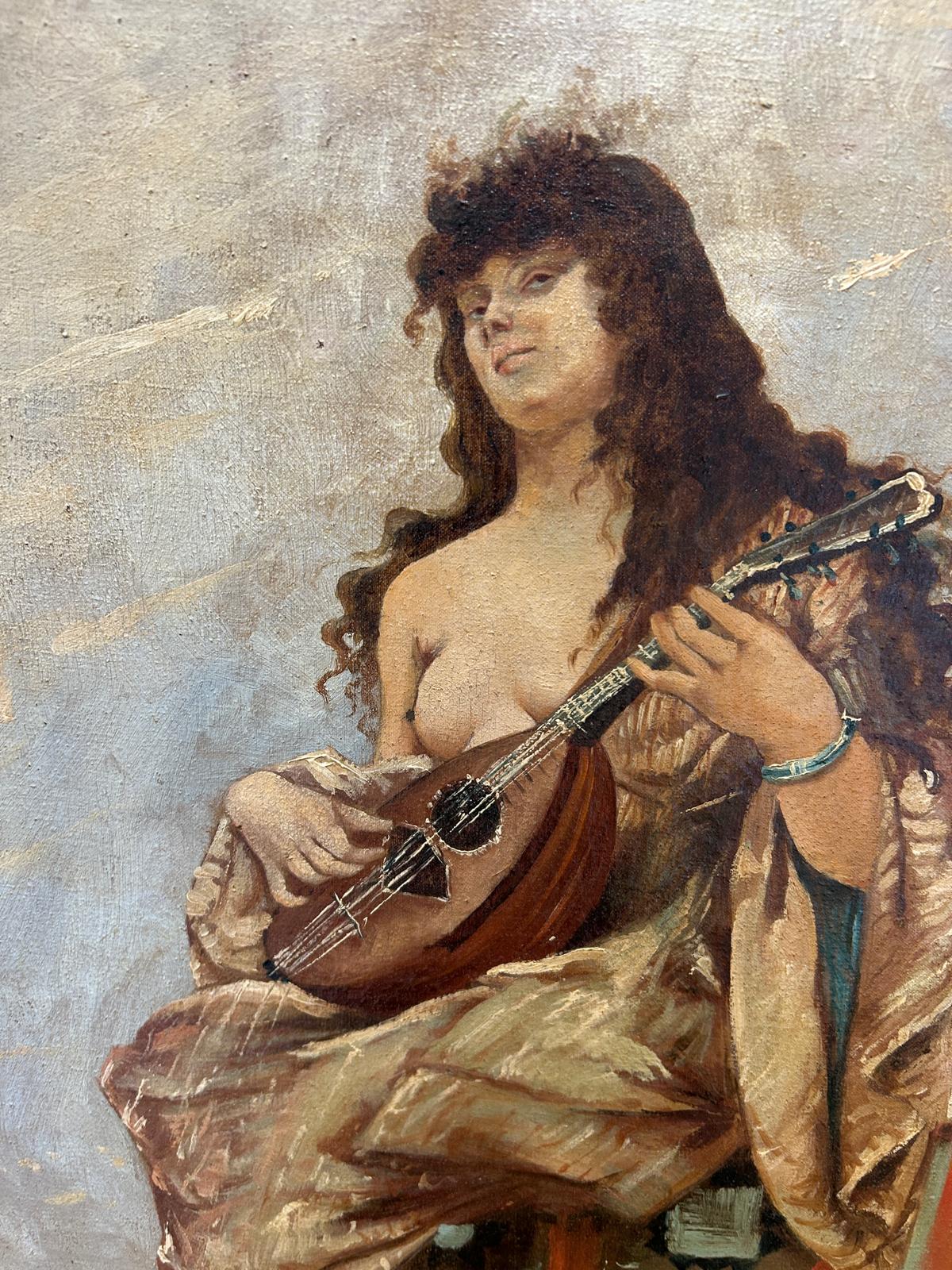 FEMALE MUSICIAN EARLY 19TH CENTURY NUDE LUTE PLAYER SIGNED OIL ON CANVAS