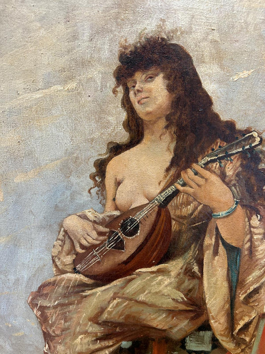FEMALE MUSICIAN EARLY 19TH CENTURY NUDE LUTE PLAYER SIGNED OIL ON CANVAS