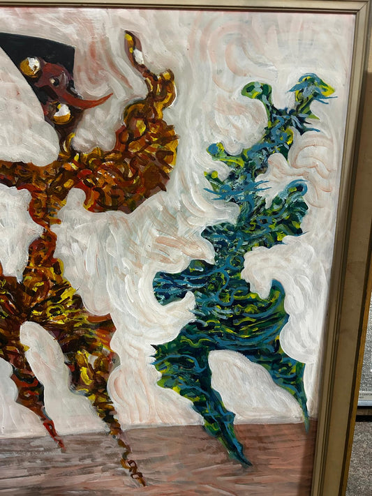 Colin Spencer 1933- 2023 Oil on Board Titled: The Three Travelling Musicians Exhorting Daphne Not to Become A Free