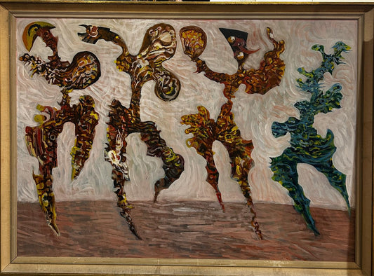 Colin Spencer 1933- 2023 Oil on Board Titled: The Three Travelling Musicians Exhorting Daphne Not to Become A Free