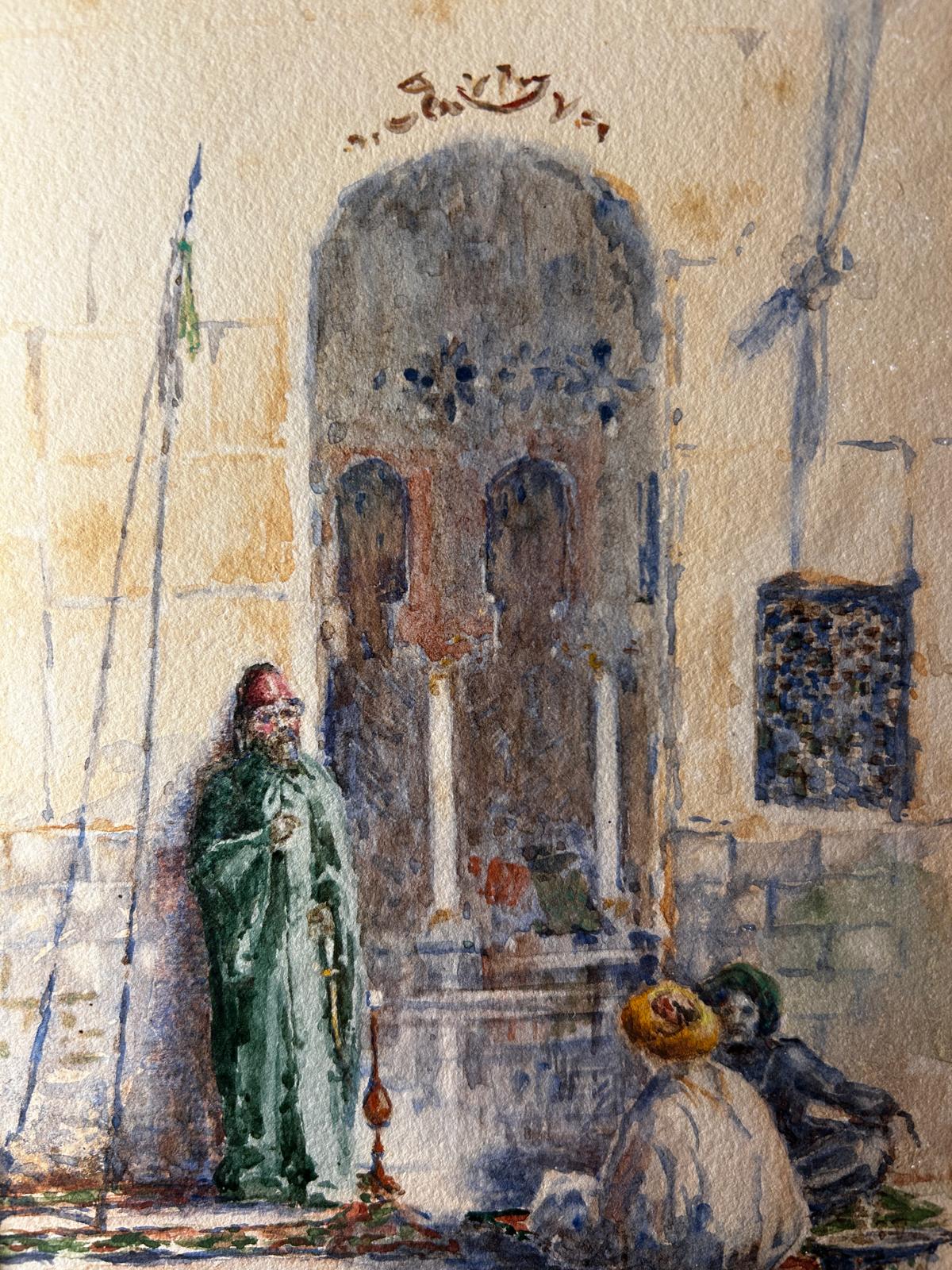 19th Century Watercolour of Tooloon Mosque, Cairo Egypt Signed and dated 1891