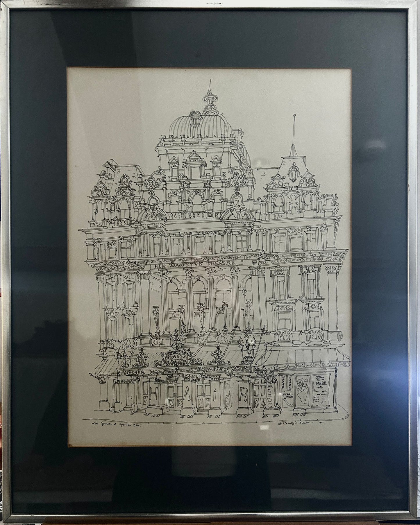 Architectural Drawing of Her Majesty's Theatre  "Hair" 1975. Signed and dated. Colin Spencer
