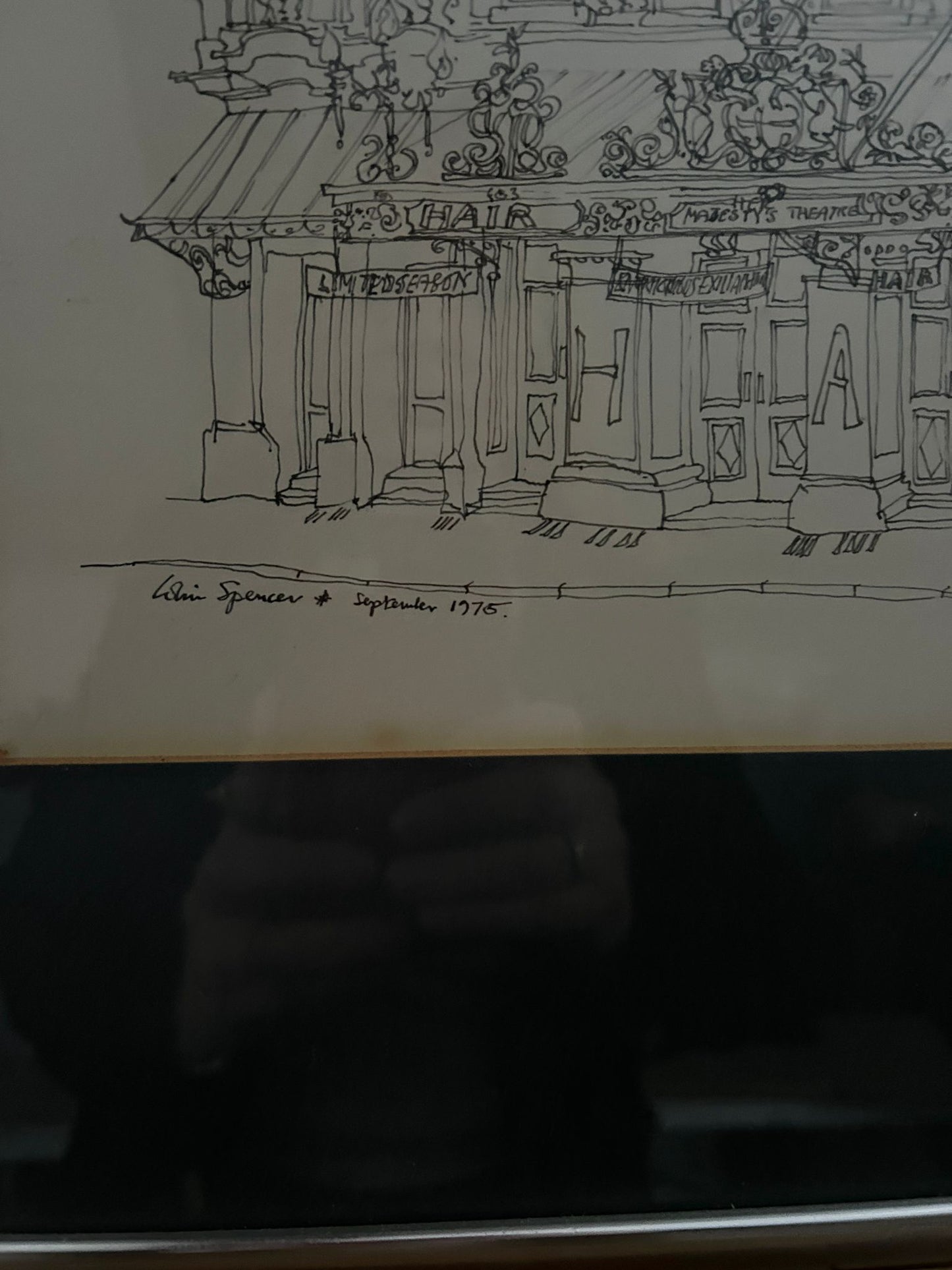 Architectural Drawing of Her Majesty's Theatre  "Hair" 1975. Signed and dated. Colin Spencer