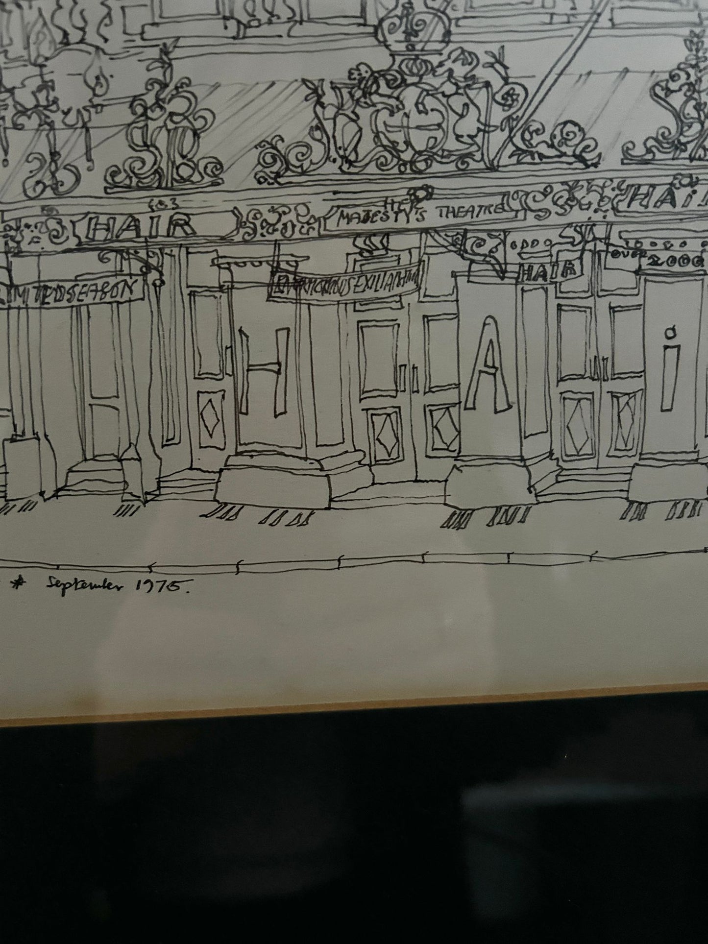 Architectural Drawing of Her Majesty's Theatre  "Hair" 1975. Signed and dated. Colin Spencer