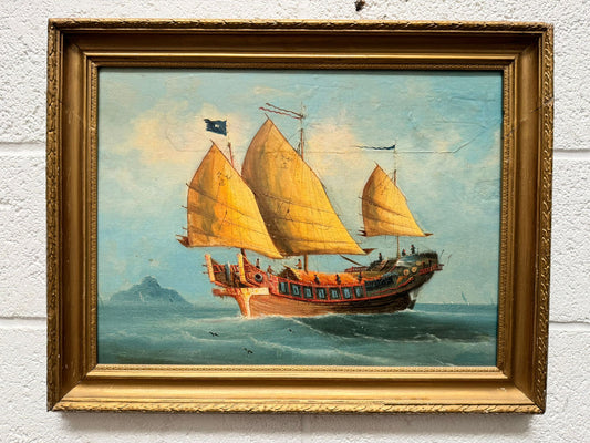 Pair of 19th Century Export School  Oil Paintings of Junks at Sea