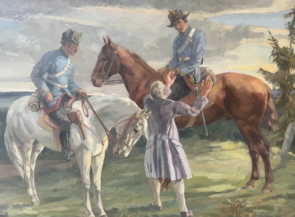 AUGUST WEDEL 1885 - 1953 LARGE OIL ON BOARD SOLDIERS ON HORSES C1930S