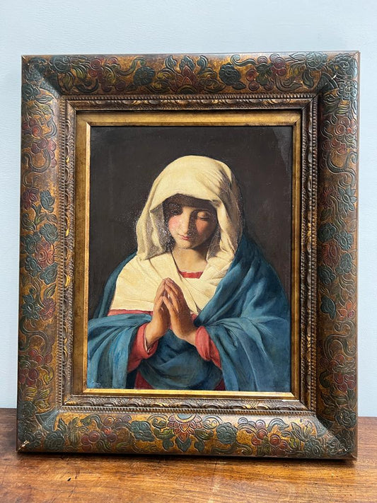 19th Century “The Virgin in Prayer” Oil on Canvas in Period Carved Frame