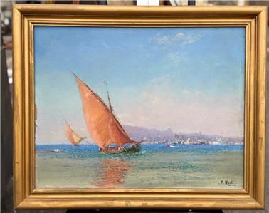 FRANCOIS NARDI 1861 - 1936 OIL ON CANVAS SAILING VESSEL WITH REGATTA IN DISTANCE