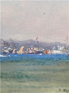 FRANCOIS NARDI 1861 - 1936 OIL ON CANVAS SAILING VESSEL WITH REGATTA IN DISTANCE