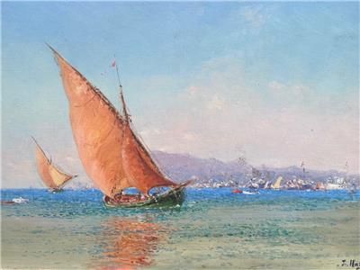 FRANCOIS NARDI 1861 - 1936 OIL ON CANVAS SAILING VESSEL WITH REGATTA IN DISTANCE