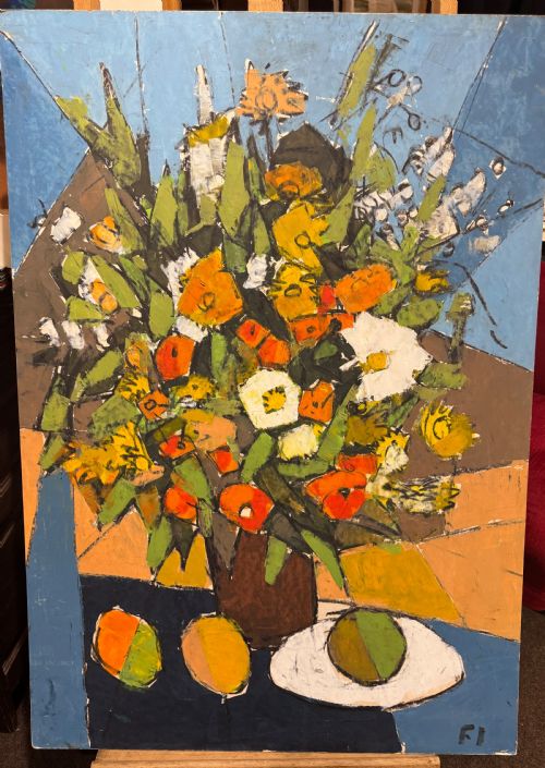 MID 1950S MIXED MEDIA (OIL AND OIL PASTEL) ON BOARD ABSTRACT CUBIST STILL LIFE FLOWERS