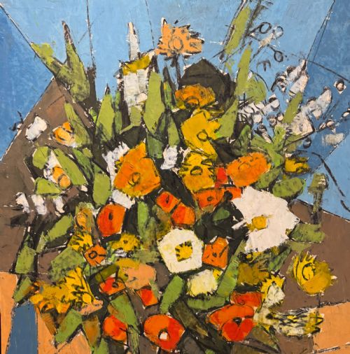 MID 1950S MIXED MEDIA (OIL AND OIL PASTEL) ON BOARD ABSTRACT CUBIST STILL LIFE FLOWERS
