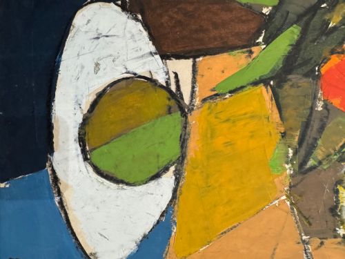 MID 1950S MIXED MEDIA (OIL AND OIL PASTEL) ON BOARD ABSTRACT CUBIST STILL LIFE FLOWERS