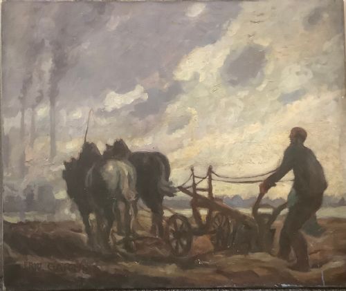 FRITZ GARTNER 1882 - 1958 GERMAN LANDSCAPE WITH CHIMNEYS AND PLOUGHING OIL ON CANVAS C1920