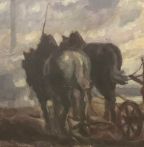 FRITZ GARTNER 1882 - 1958 GERMAN LANDSCAPE WITH CHIMNEYS AND PLOUGHING OIL ON CANVAS C1920