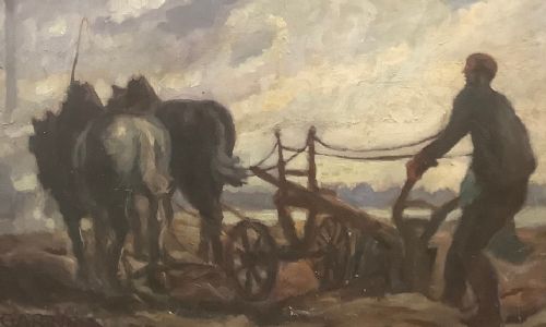 FRITZ GARTNER 1882 - 1958 GERMAN LANDSCAPE WITH CHIMNEYS AND PLOUGHING OIL ON CANVAS C1920